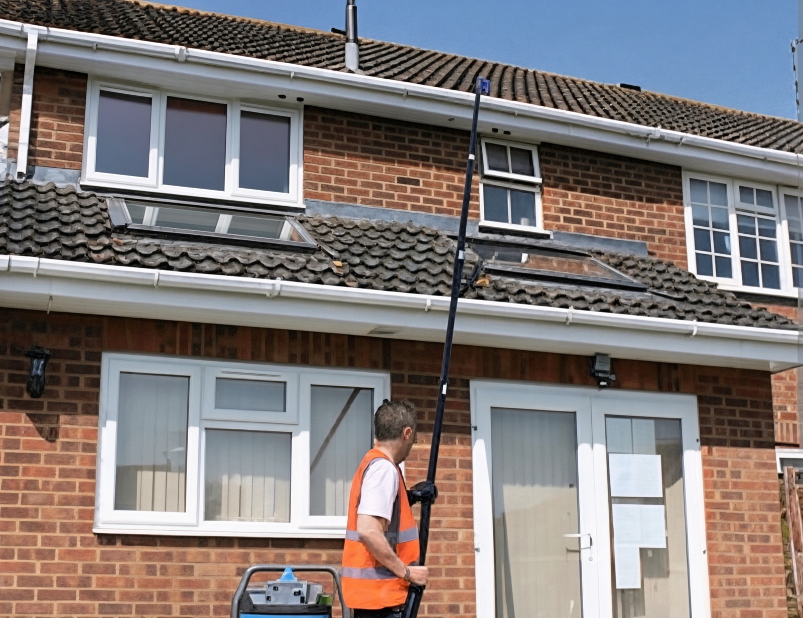 Long-reach vacuum pole clearing a two-storey house in Carrickfergus from the ground.