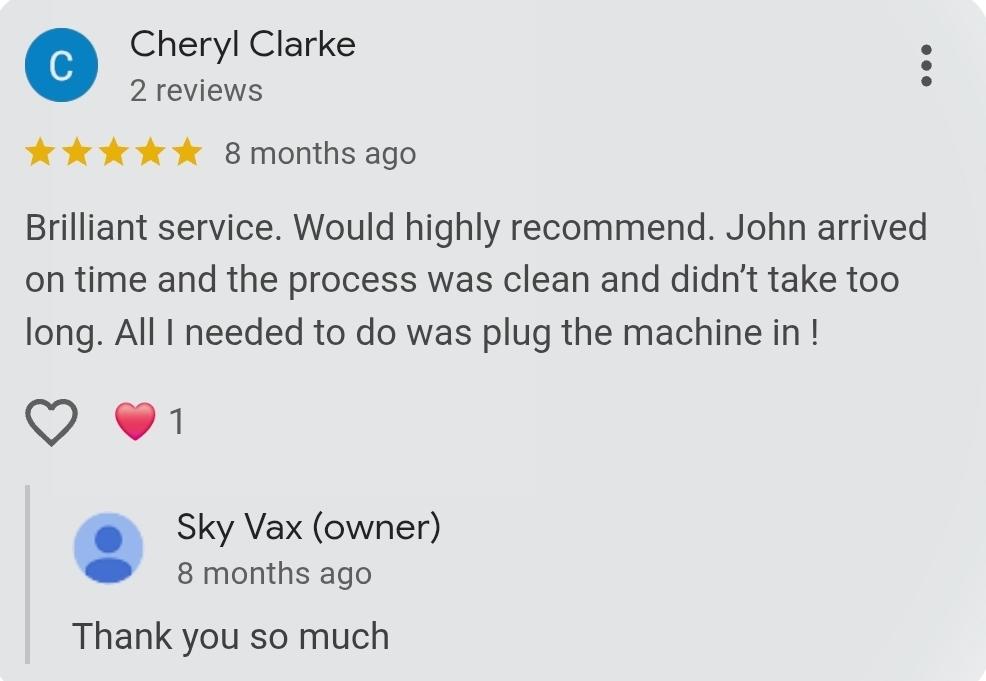 5-star review from Cheryl Clarke: arrived on time, clean and quick, just plug the machine in.