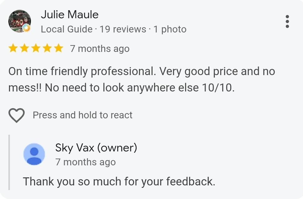 5-star review from Julie Maule: on time, friendly, professional, good price, no mess.