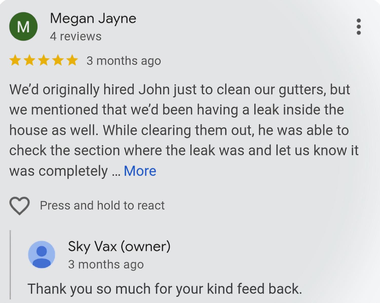 5-star review from Megan Jayne: John cleaned the gutters and found the leak inside the house.