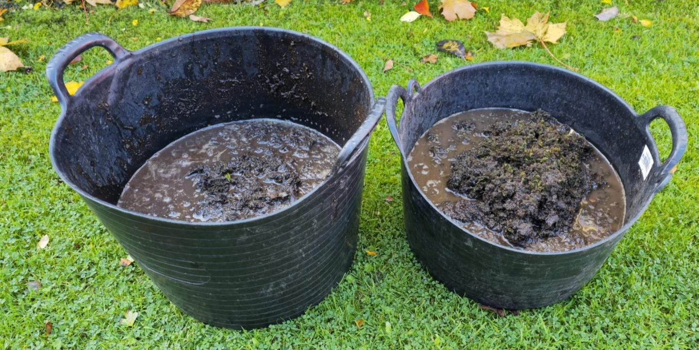 Two tubs of wet gutter waste on the grass.