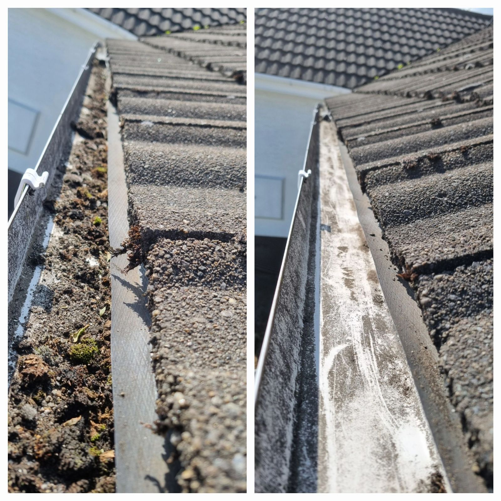 A blocked gutter overflowing down the wall after rain.